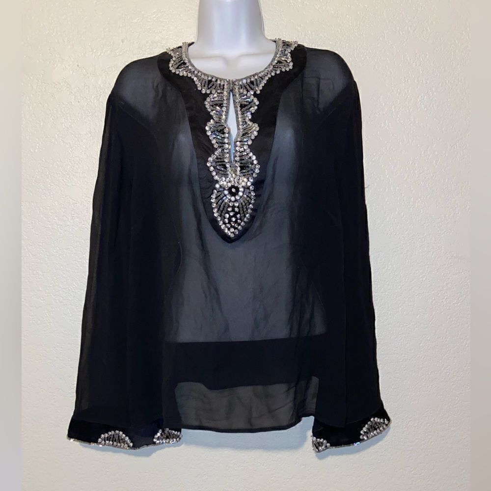 Tadashi SILK‎ Top Sheer Beaded Sequined Crystal V Neckline Top Large